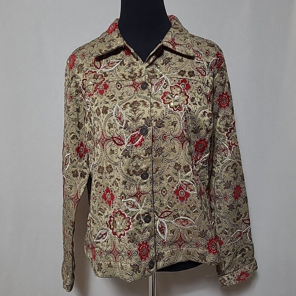 LAURA ASHLEY Floral Embroidered Cotton Blend Jacket Size L Beige Red Sequin